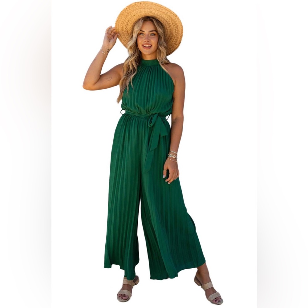 Halter Neck Pleated Wide Leg Jumpsuit with Belt | Green - Picture 5 of 7